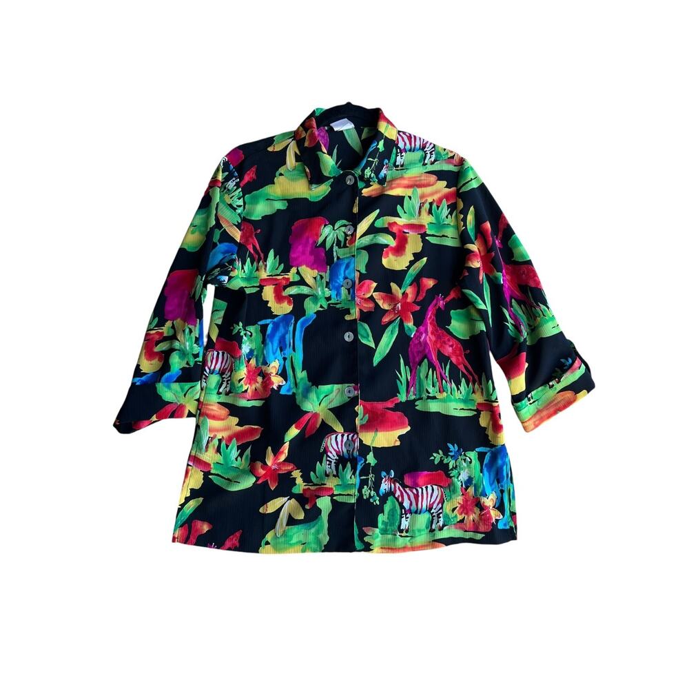 Vintage 80s Women's LARGE Colorful Zoo Safari Animal Print Button Up Shirt